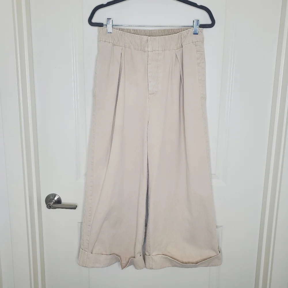 Free People After Love Cream White Mid Rise Slouchy Wide Leg Cuff Trouser Pants